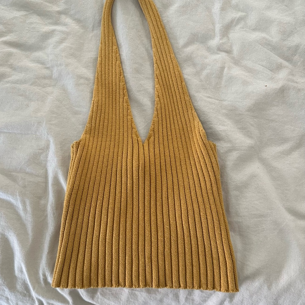 Yellow ribbed halter crop top